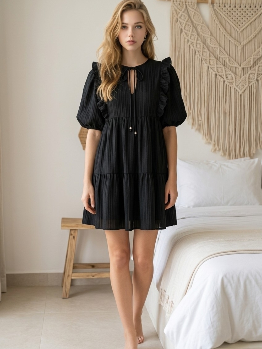 entro Black Ruffle Tiered Mini Dress with Puff Sleeves